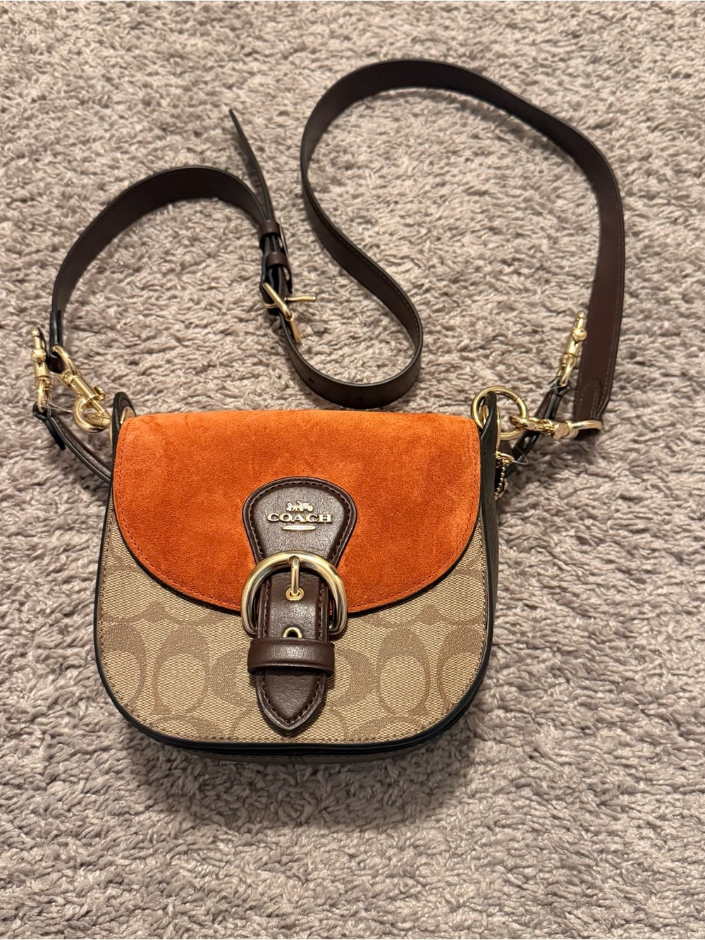 Coach Suede Flap Crossbody in Orange and Brown